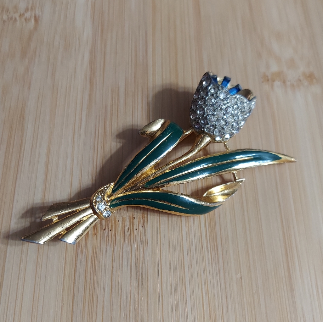 Vintage Early Golden 'Coro' Enamel & Pave' Tulip Brooch/Pin Rare Find